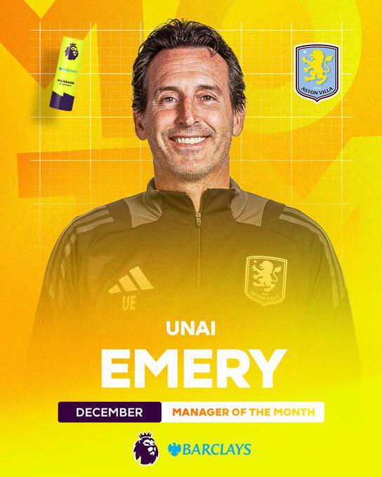 华体会入口-官方：埃梅里当选英超12月最佳主帅，当月联赛6胜1负